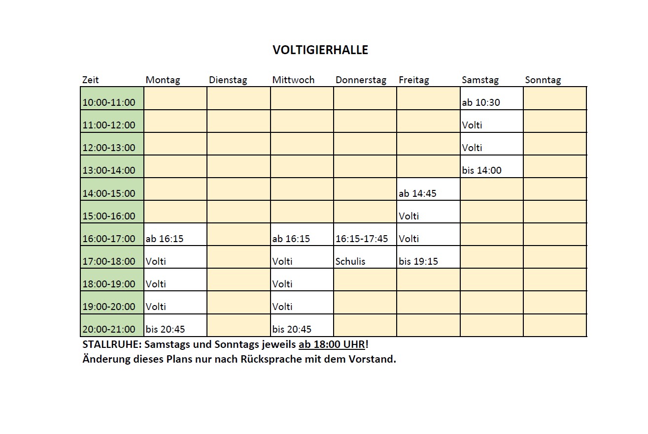 Wochenplan der Voltigierhalle mit Belegungszeiten und Hinweisen auf Stallruhe am Wochenende.