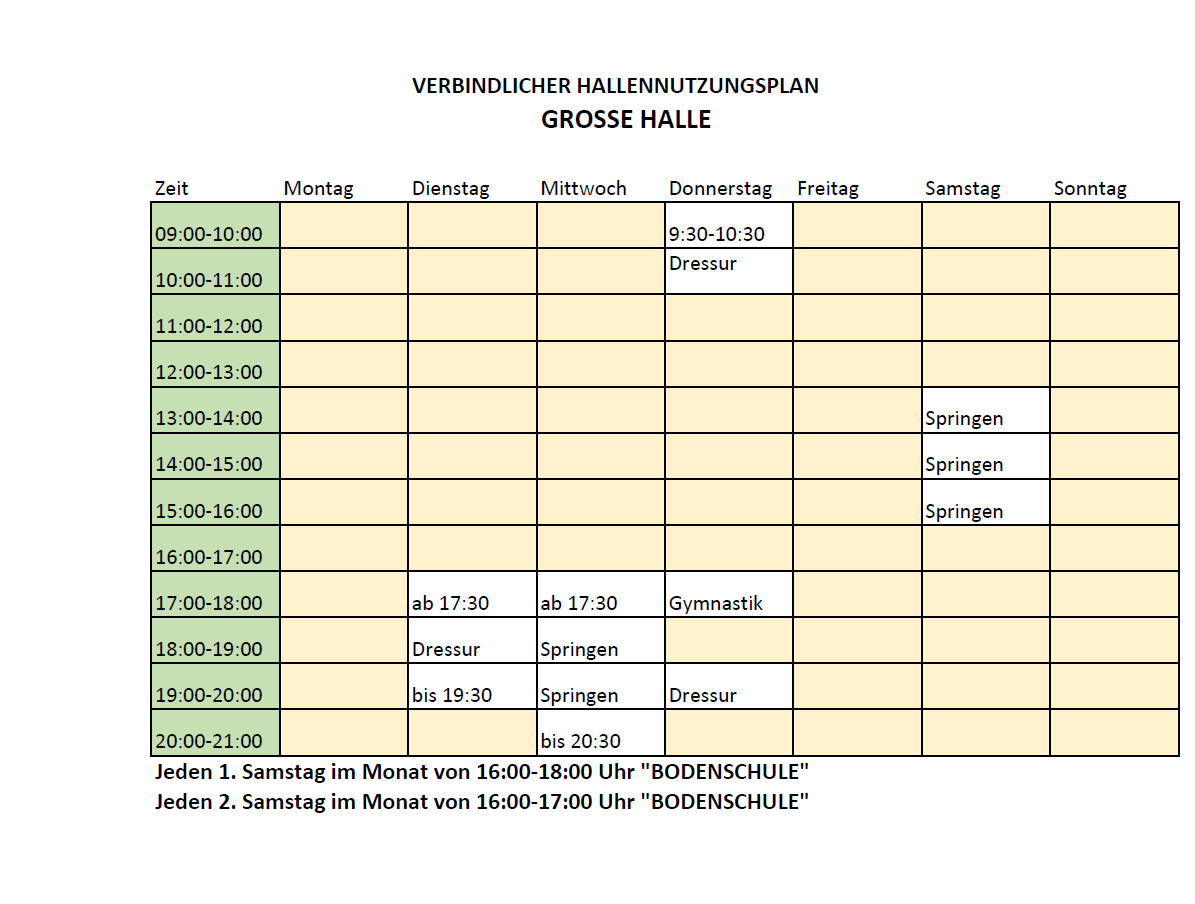Hallennutzungsplan zeigt Aktivitäten wie Dressur, Springen und Gymnastik von Montag bis Sonntag.